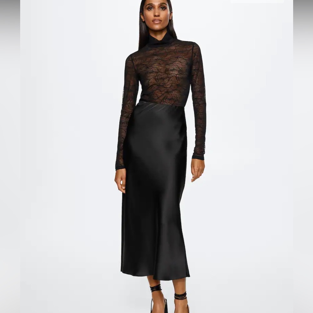 Mango black Midi satin skirt